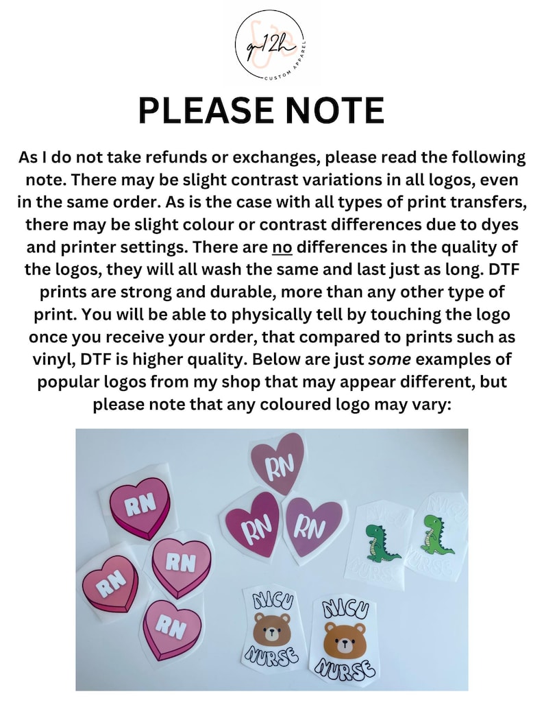 May include: Image featuring various sticker designs. Includes pink heart-shaped stickers with "RN" text, dinosaur graphics, and bear designs with "NICU NURSE" text. The text "PLEASE NOTE" is at the top.