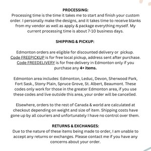 May include: Text on a white background with the title "Processing" and information about processing time, shipping and pickup, and returns and exchanges. The text includes the codes "FREEPICKUP" and "FREEDELIVERY".