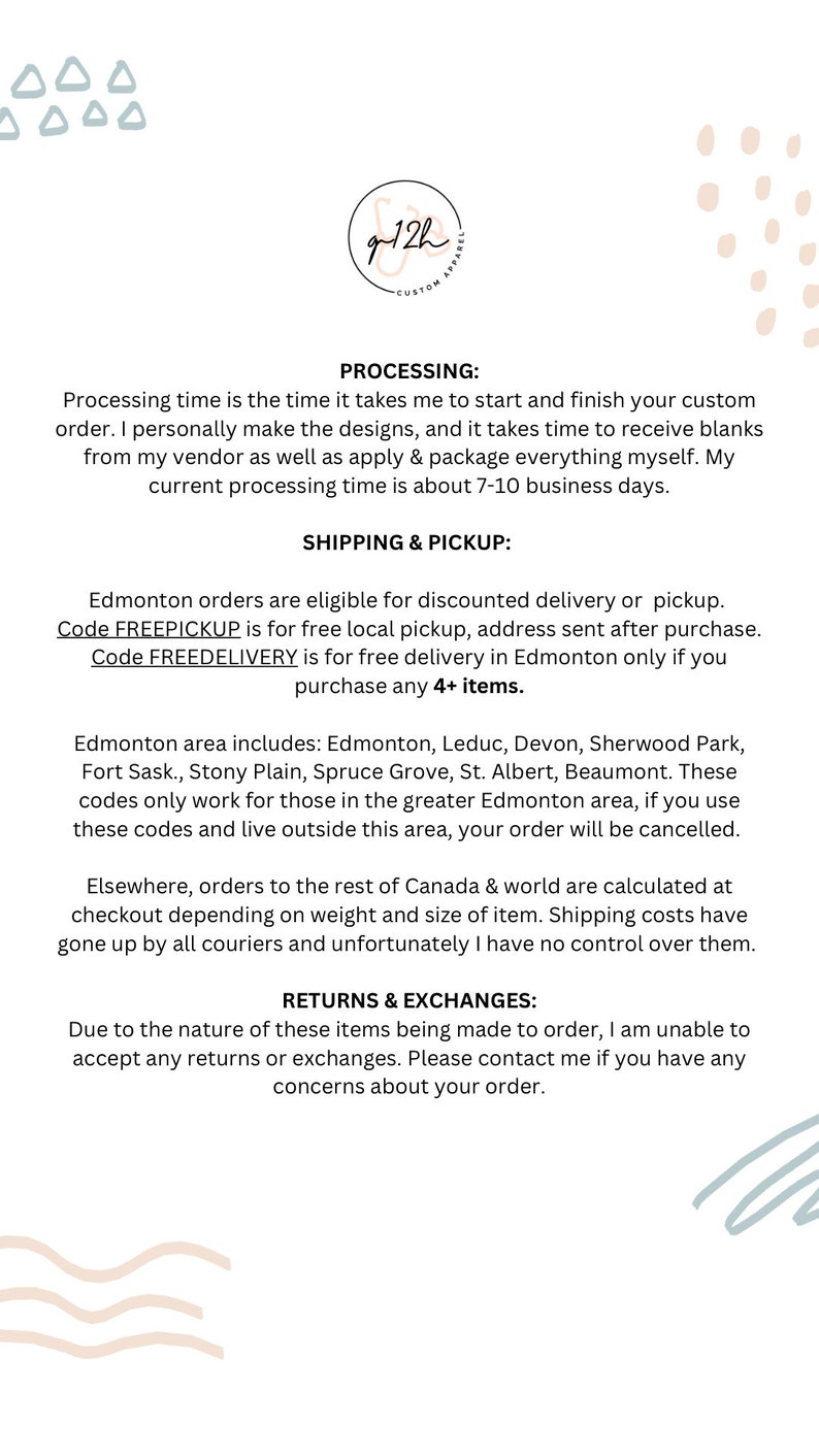 May include: Text on a white background with the title "Processing" and information about processing time, shipping and pickup, and returns and exchanges. The text includes the codes "FREEPICKUP" and "FREEDELIVERY".