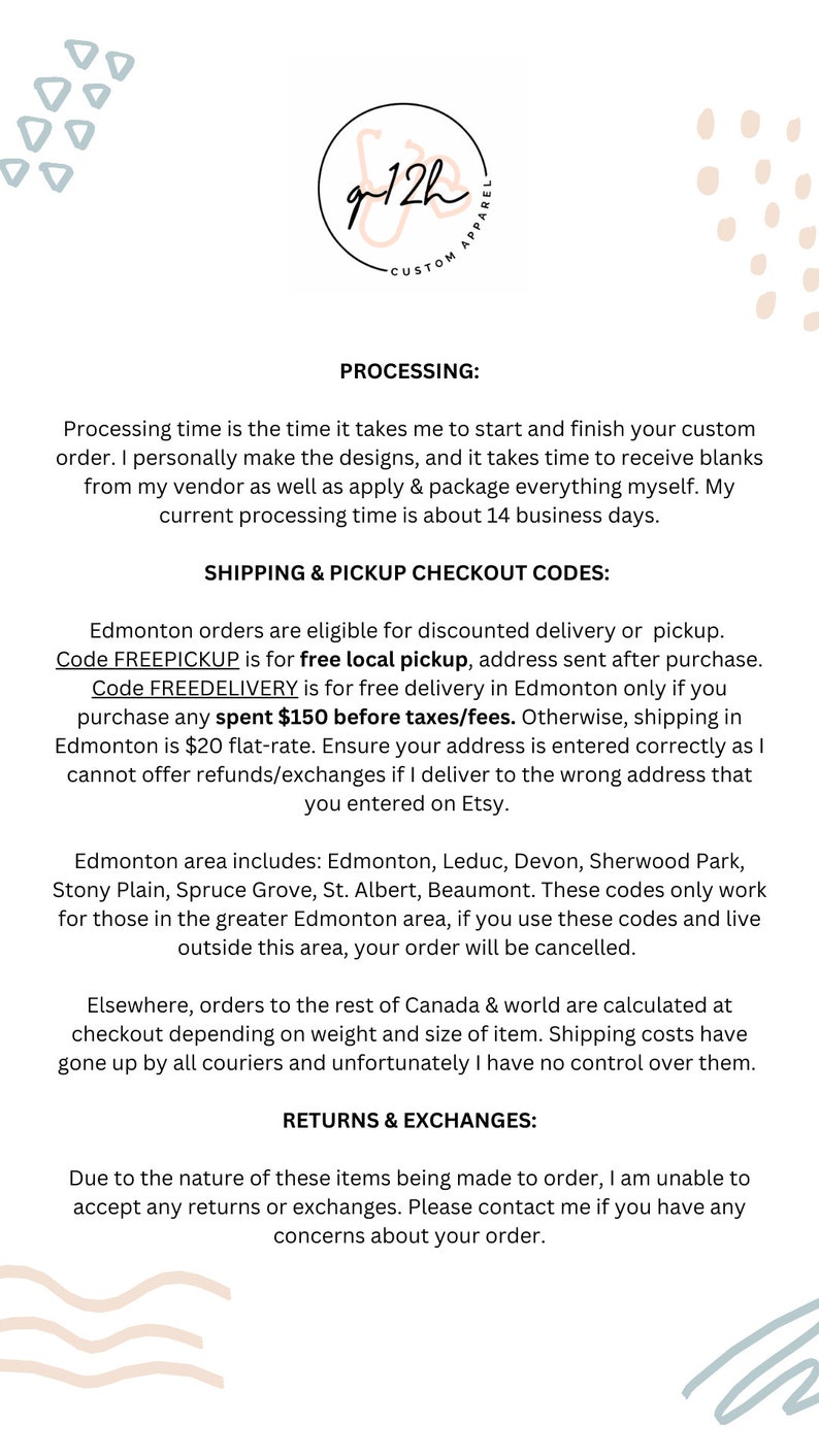May include: Text on a white background with a black border outlining the text. The text reads "Processing: Processing time is the time it takes me to start and finish your custom order. I personally make the designs, and it takes time to receive blanks from my vendor as well as apply & package everything myself. My current processing time is about 14 business days."