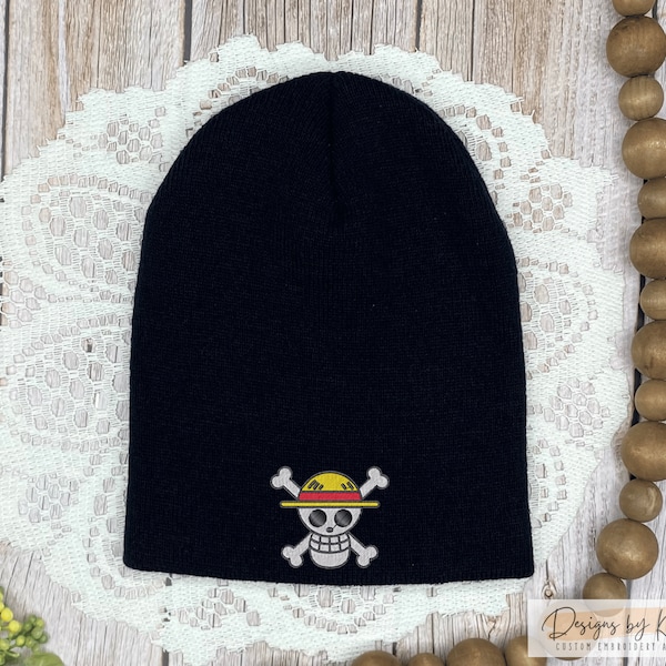 One Piece Embroidery Beanie, Skull Beanie, Embroidered Knit, Anime Embroidery Knit Hat, Cute Winter Hat, Pirate Straw, Gift for Anime fan