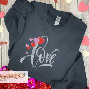 Love and Hearts Embroidered, Valentine&#39;s Day Hoodie Sweatshirt - Custom Gift for Her, Couples Gifts, Embroidery Sweater, Valentines Crewneck