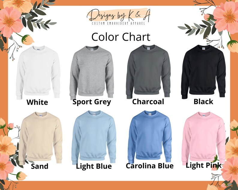 Puede incluir: Carta de colores que muestra 10 colores diferentes de sudaderas: blanco, gris deportivo, carb&oacute;n, negro, arena, azul claro, azul Carolina, rosa claro, azul marino y gris jaspeado.