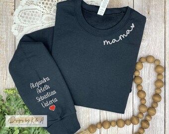 Personalized Mama Neckline Embroidered Sweatershirt with Custom Name on Sleeve, Mom Lounge Hoodie, Kids name arm cuff with heart, Mom Gift