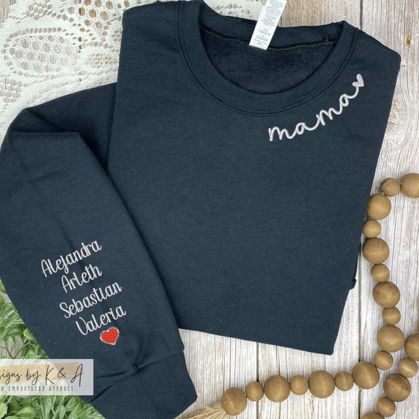 Personalized Mama Neckline Embroidered Sweatershirt with Custom Name on Sleeve, Mom Lounge Hoodie, Kids name arm cuff with heart, Mom Gift