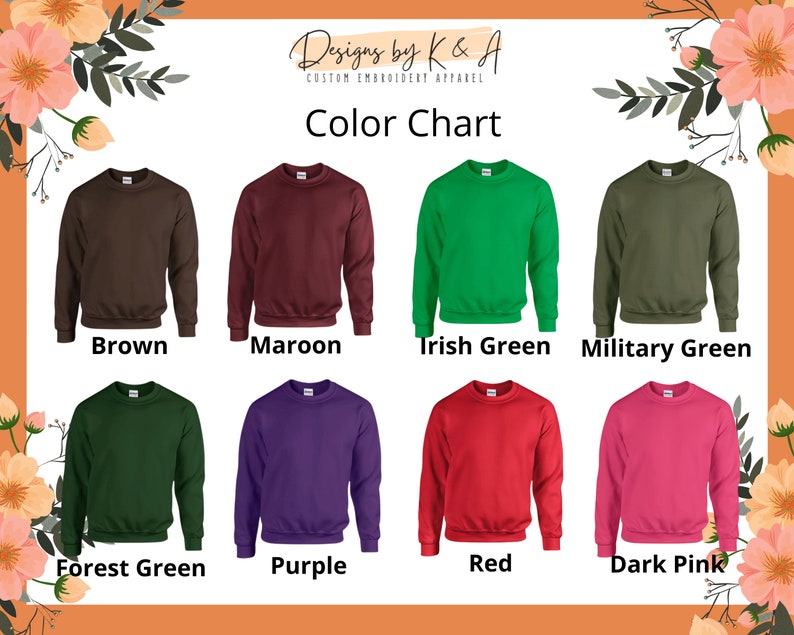 Puede incluir: Carta de colores que muestra diferentes colores de sudaderas. Los colores son: marr&oacute;n, granate, verde irland&eacute;s, verde militar, verde bosque, morado, rojo y rosa oscuro.