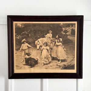 Antique Framed Lithograph "Golden Hours" by J. Elsley 1908 Print Edwardian Children’s Art  – Victorian Nursery Art