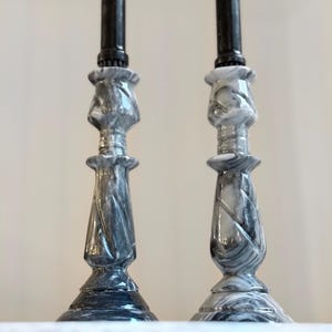 Vintage Onyx Candlestick Holders – Set of 2 Gray Marbled Stone Taper Candle Holders with Etched Design