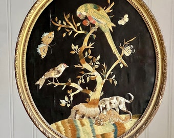 Antique Silk Embroidery Art in Gold Victorian Oval Frame | Bird Art Embroidery on Black Silk | Antique Art | Dark Academia Gallery Wall