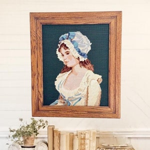 Vintage Framed Needlepoint Portrait: 1950s Early American Wall Art