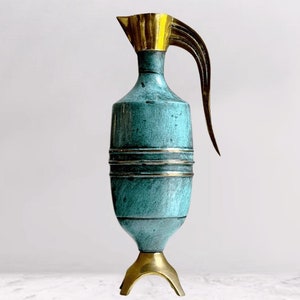 Vintage Turquoise Blue and Brass Mid Century Modern Pitcher | Oppenheim Israel Brass Enameled Verdigris Vase | Collectible Judaica MCM Decor