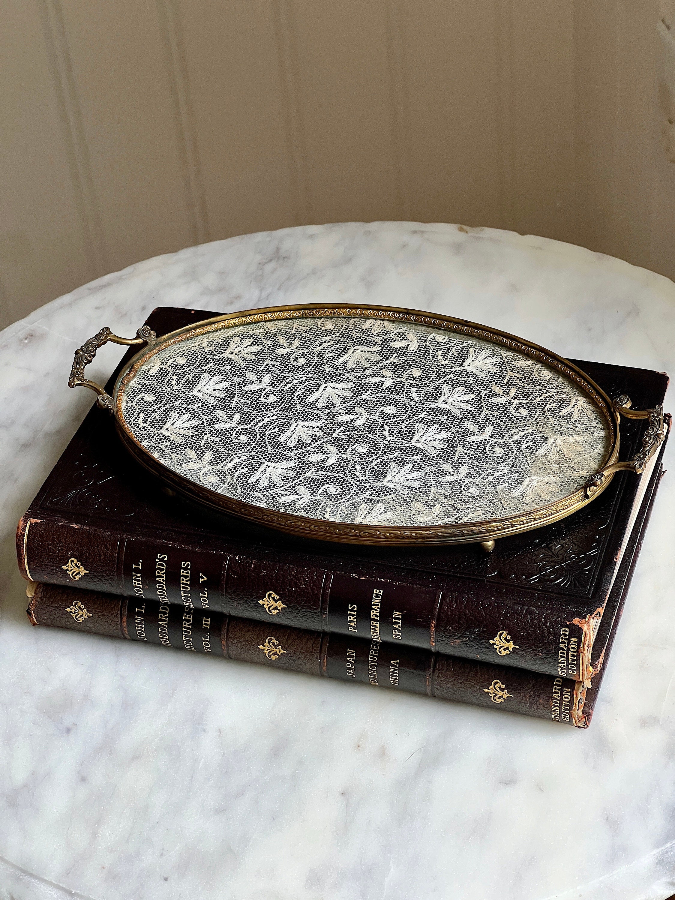 Antique Brass Vanity Tray With Glass Lace Doily Vintage Etsy