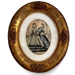 Antique French Fashion Plate Hand Colored | Victorian Ladies Crinoline Print | Chippy Oval Gold Gilt Fruit Frame | Le Moniteur de la Mode