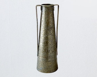 Antique Etched Metal Vase | Two-Handled Decorative Urn | Bohemian Vintage Flower Holder | Ornate Middle Eastern Pitcher Eclectic Home Decor