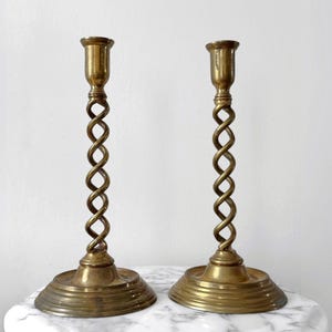 Vintage Twisted Brass Candlestick Holders - 12&quot; Barley Twist Pair