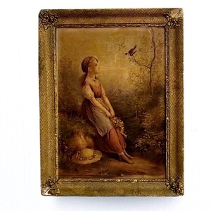 Antique Chromolithograph Print: Girl and Bird, Ornate Frame, French Country Art