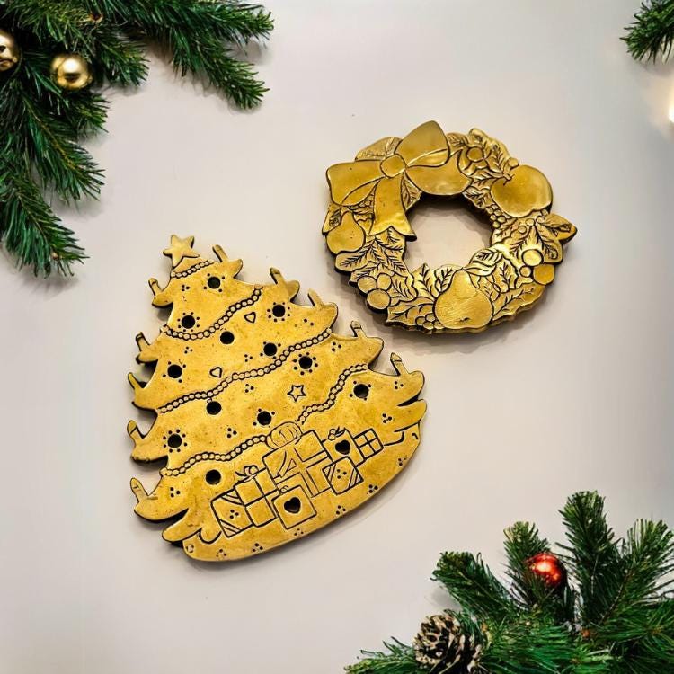Vintage Solid Brass Christmas Tree and Wreath Trivet PAIR | Brass Holiday Trivet Pot Holders | Gold Christmas Decor | Xmas Housewarming Gift