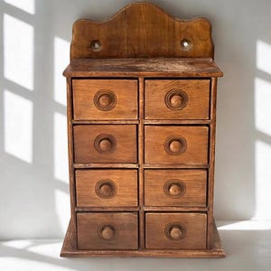 Antique Primitive Oak 8 Drawer Apothecary Cabinet - Hanging Wall Spice Drawer Box - Rustic Farmhouse Country Kitchen Storage