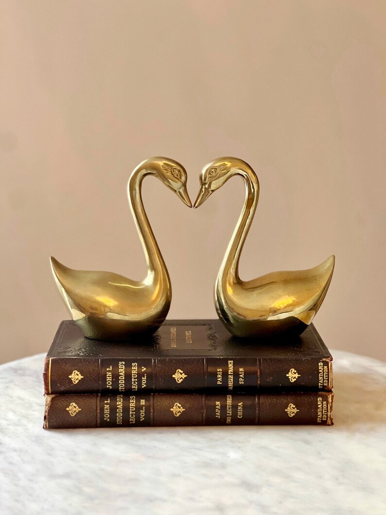 Vintage Solid Brass Swan Statues gold Swan Bookends Set of 2 Mid