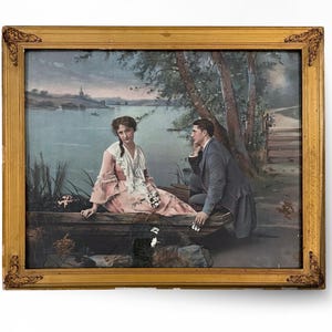 Antique 1902 Romantic Victorian Print | Moody French Country Wall Art | Chippy Gold Gilt Frame | Ullman Mfg Co "In Love" Photogravure