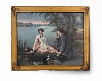 Antique 1902 Romantic Victorian Print | Moody French Country Wall Art | Chippy Gold Gilt Frame | Ullman Mfg Co "In Love" Photogravure
