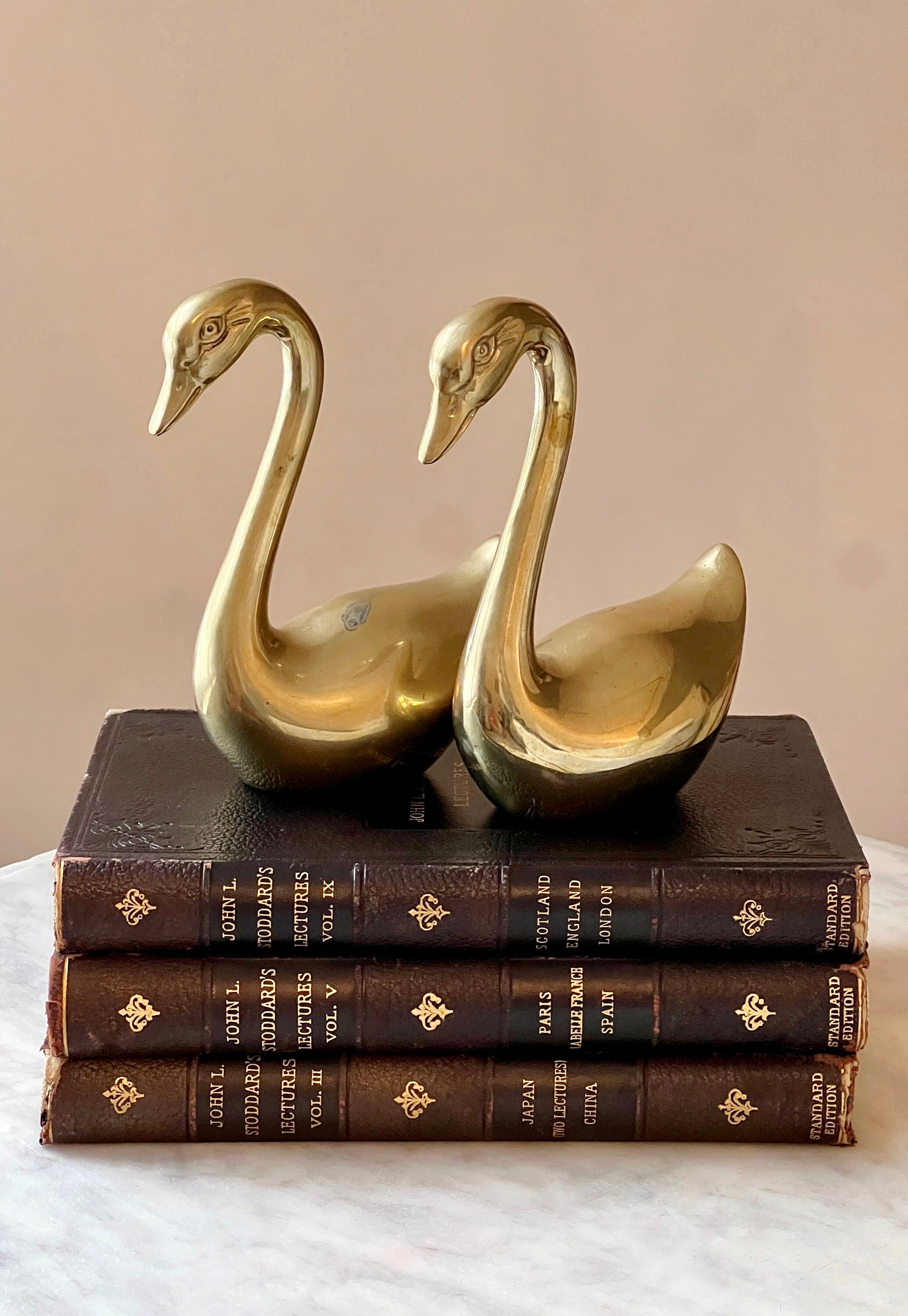 Vintage Solid Brass Swan Statues gold Swan Bookends Set of 2 Mid Century Brass Swan Figures PAIR