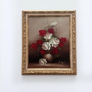 Vintage Floral Still Life Painting - Original Flower Artwork SIGNED in Pink Gold Frame | Moody Shabby Chic Gallery Wall Art