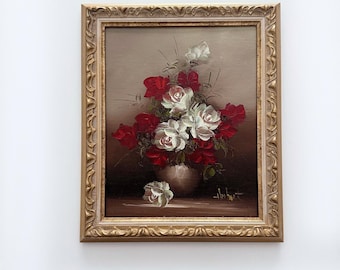 Vintage Floral Still Life Painting: Signed Original Artwork in Gold Frame