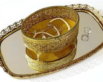 Vintage Ormolu Jewelry Box – Filigree Glass Casket with Velvet Lining | French Boudoir Vanity Decor | Hollywood Regency Trinket Box
