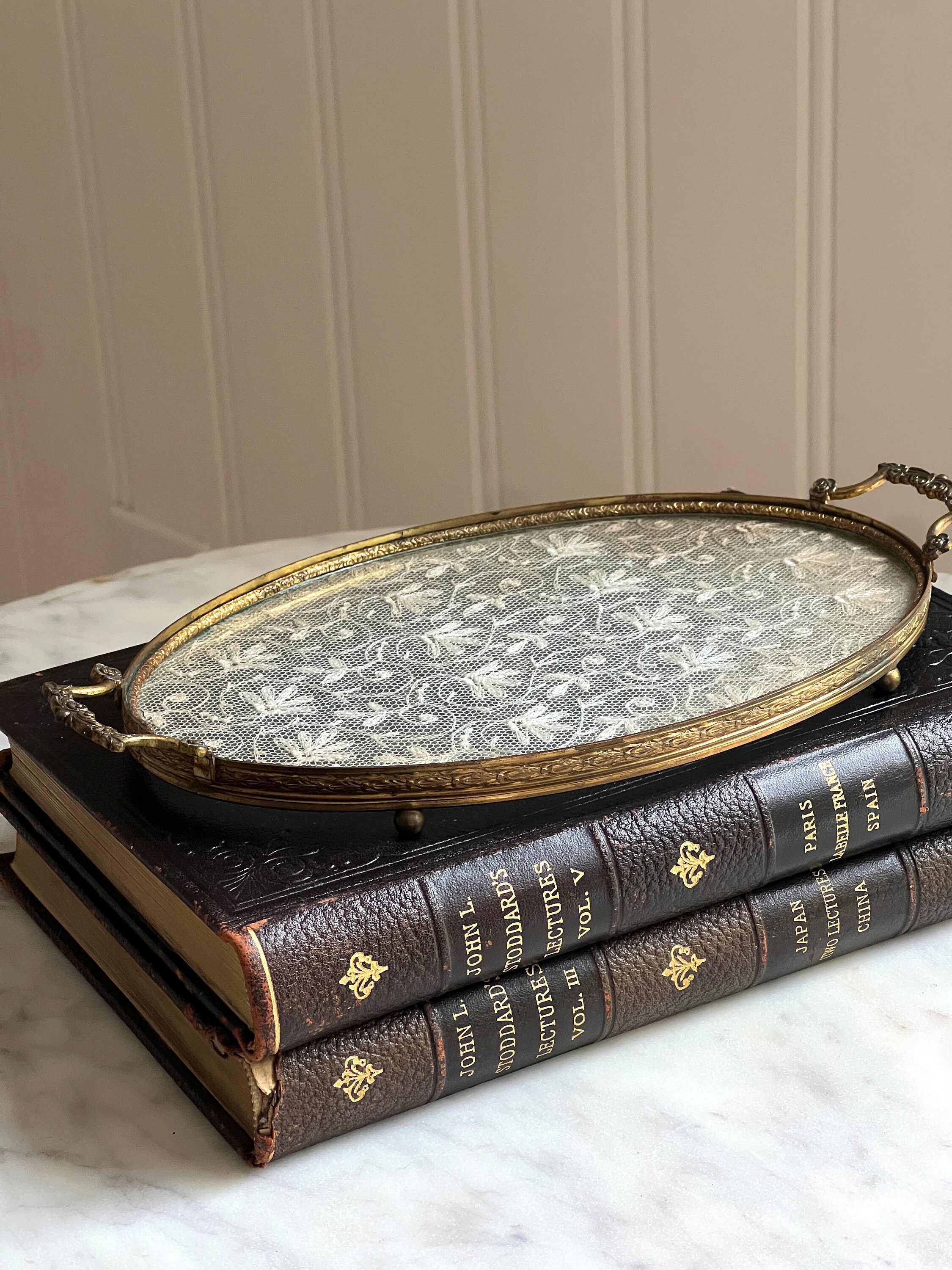 Antique Brass Vanity Tray With Glass Lace Doily Vintage Etsy
