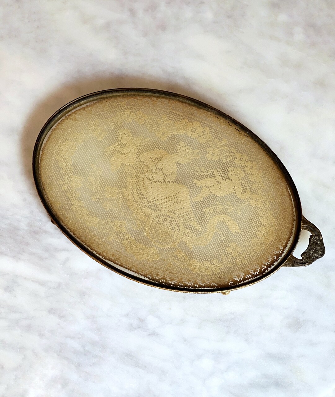 Antique Brass Vanity Tray With Glass Lace Doily Vintage Etsy
