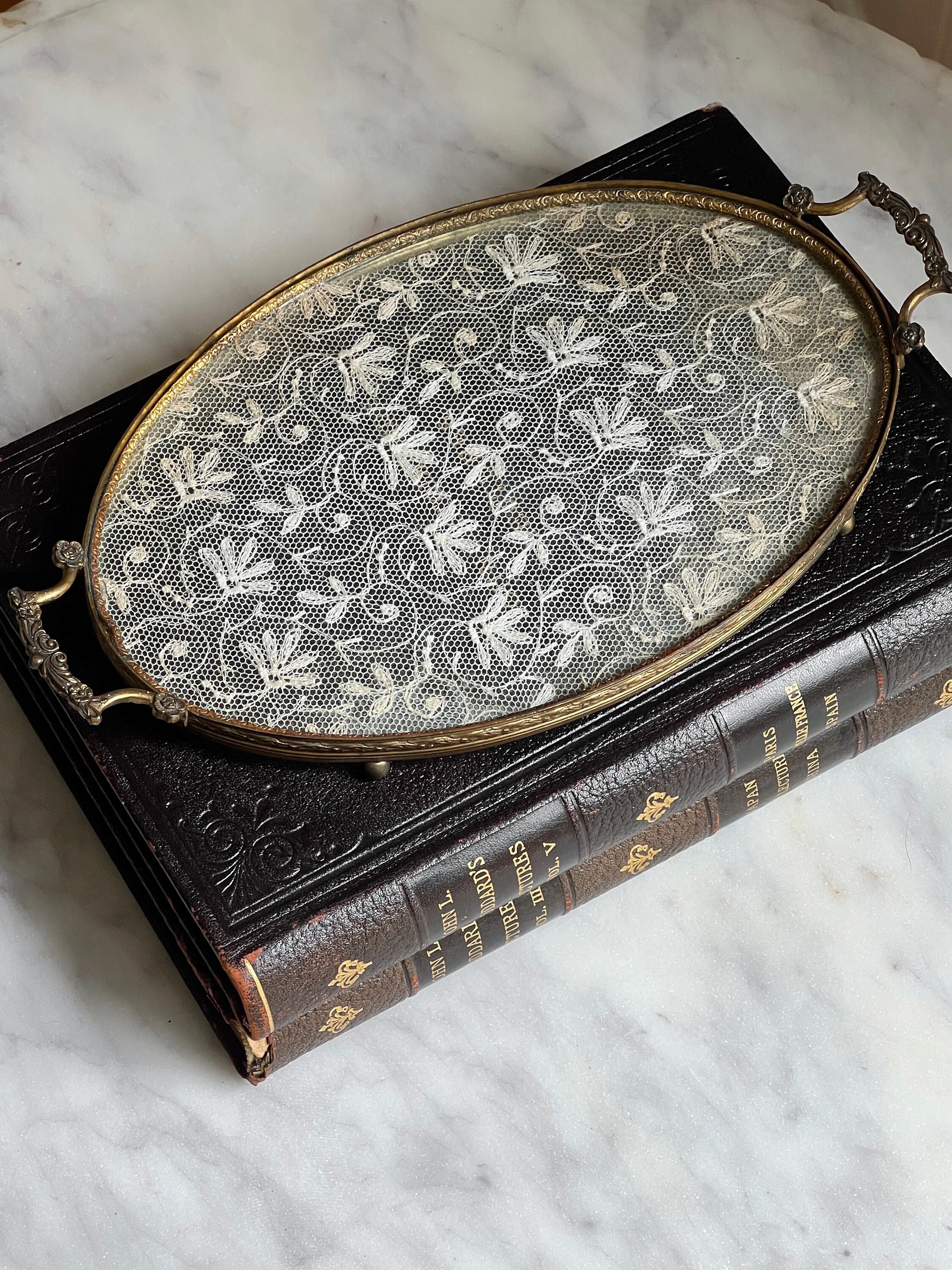 Antique Brass Vanity Tray With Glass Lace Doily Vintage Etsy