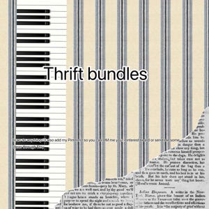 May include: A collage with a piano keyboard, striped wallpaper, and a torn paper element. The words "Thrift bundles" are displayed. Additional text includes "I can do anything I'll also add my Pinterest so you can DM me your Pinterest board or send me some ideas through Etsy."