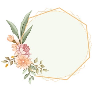 May include: A gold geometric frame with a light green background. Delicate pink and peach flowers with green leaves are arranged on the left side of the frame.
