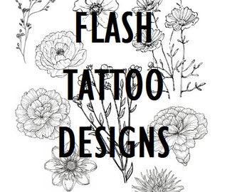 Puede incluir: Diseños de tatuajes florales en blanco y negro con el texto "FLASH TATTOO DESIGNS".