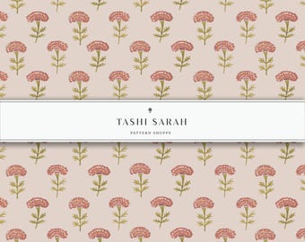 MARIGOLD Hand Painted Watercolor Seamless Block Print Floral Pattern, Pink, Blush, Rose, Coastal, Repeat Pattern, Fabric, Wallpaper, Digital