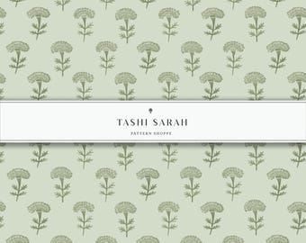 MARIGOLD Hand Painted Watercolor Seamless Block Print Floral Pattern, Grass, Green, Repeat Pattern, Wallpaper, Digital Download, Coastal