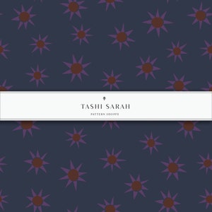 May include: A seamless pattern featuring a repeating design of purple and brown starbursts on a dark blue background. The pattern is labelled "Tashi Sarah Pattern Shoppe".