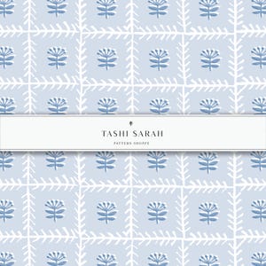 May include: A seamless pattern featuring a light blue floral design on a light blue background. The pattern is outlined in white and features a repeating pattern of small flowers. The text "TASHI SARAH PATTERN SHOPPE" is centered at the bottom of the image.