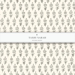 May include: A seamless pattern featuring a repeating design of stylised grey flowers on a cream background. The pattern is labelled "TASHI SARAH PATTERN SHOPPE".