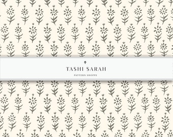PADARO LANE Hand Drawn Block Print Floral Pattern, Soft White, Neutral, Seamless Pattern, Repeat Pattern, Wallpaper, Commercial Pattern