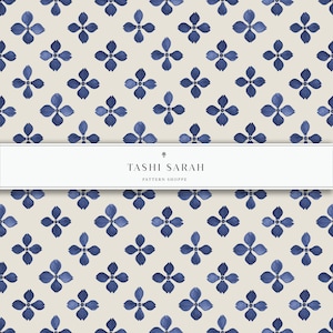 May include: A seamless pattern featuring a repeating design of blue four-petal flowers on a light beige background. The pattern is titled "Tashi Sarah Pattern Shoppe".
