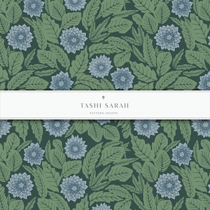 DAHLIA Hand Drawn Floral Pattern, Floral, Seamless Print, Repeat Pattern, Wallpaper, Commercial Pattern, Green, Fall, Winter, Digital, Print
