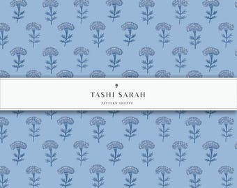 MARIGOLD Hand Painted Watercolor Seamless Block Print Floral Pattern, Blue, Ocean, Coastal, Repeat Pattern, Fabric, Wallpaper, Digital
