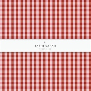 May include: A digitally created pattern featuring a red and light red gingham check design. The pattern is a repeating grid of squares. The text "TASHI SARAH PATTERN SHOPPE" is displayed in a white rectangular banner.