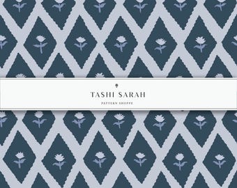 ESTANCIA Pattern Hand Painted Block Print Seamless Pattern, Indigo Blue, Repeat Pattern, Wallpaper, Digital Download, Fabric, Bedding, Blue