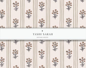 MARCHAND Hand Painted Stripe Floral Seamless Digital Pattern, Linen, Vintage, Block Print, Repeat Pattern, Fabric, Wallpaper, Download