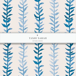 May include: A seamless pattern featuring repeating vertical lines of blue watercolor leaves on a light beige background. The pattern is labeled "TASHI SARAH PATTERN SHOPPE".