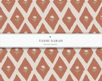 ESTANCIA Pattern Hand Painted Block Print Seamless Pattern, Terracotta, Repeat Pattern, Wallpaper, Digital Download, Fabric, Tan, Beige, Red