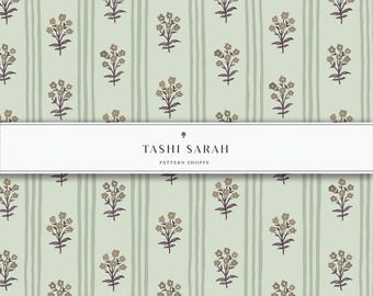 MARCHAND Hand Painted Stripe Floral Seamless Digital Pattern, Green, Grass, Vintage, Block Print, Repeat Pattern, Fabric, Wallpaper, Coastal